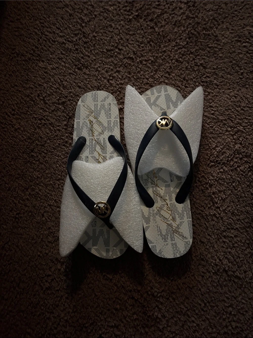 Michael Kors White Footbed with Black Straps Kids Flip Flops